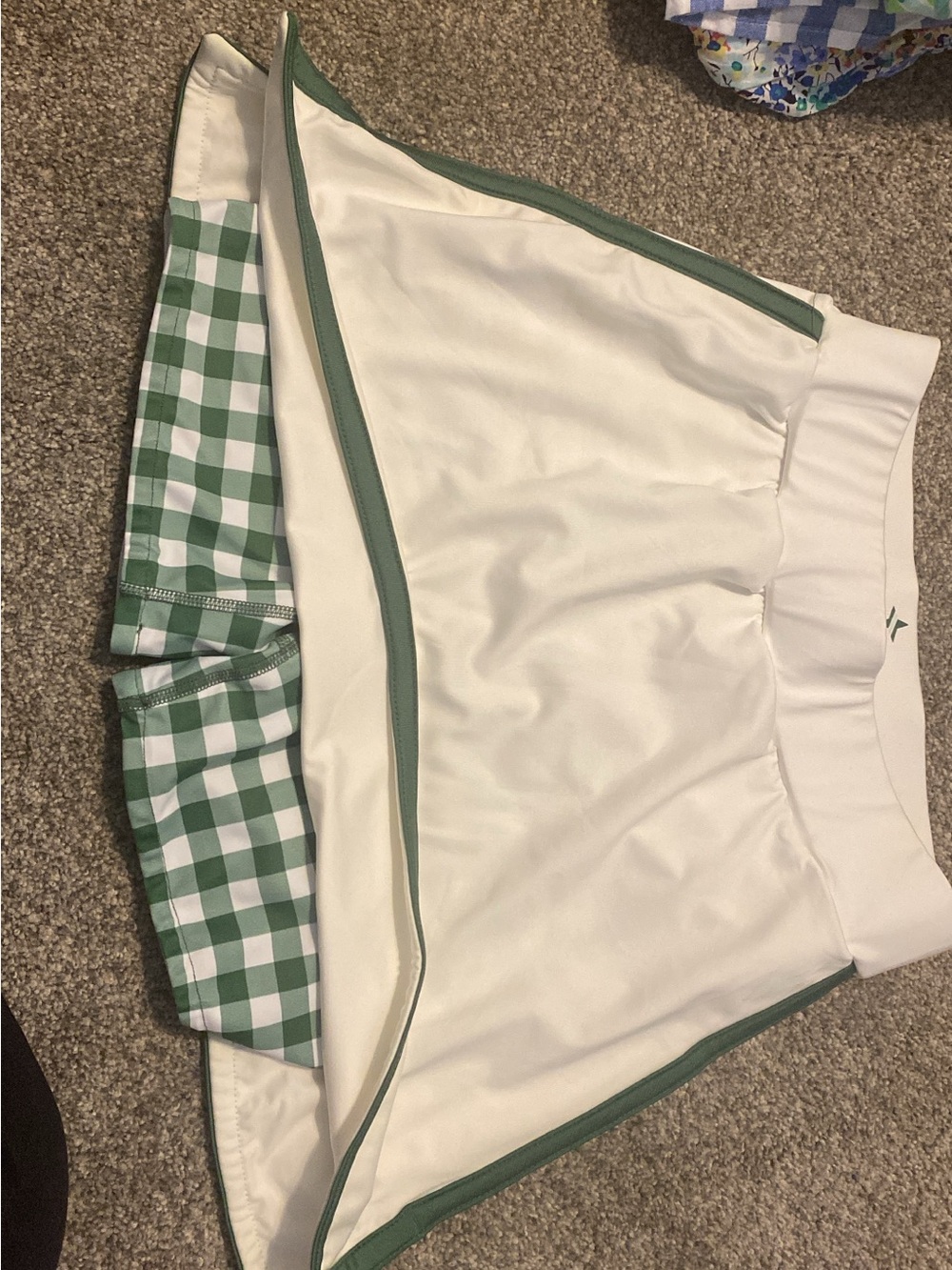 White Athletic Skort with Green Trim and Gingham Shorts